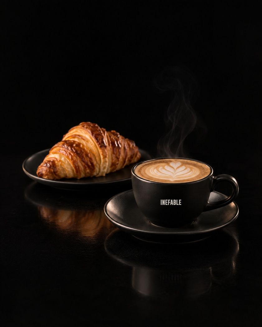 Café con leche en taza INEFABLE y croissant