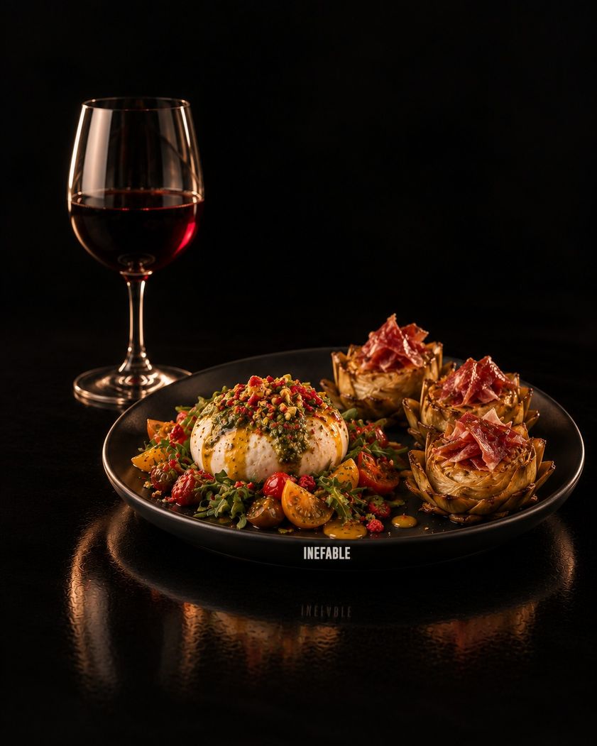 Burrata y flores de alcachofa con jamón ibérico en plato INEFABLE y copa de vino tinto