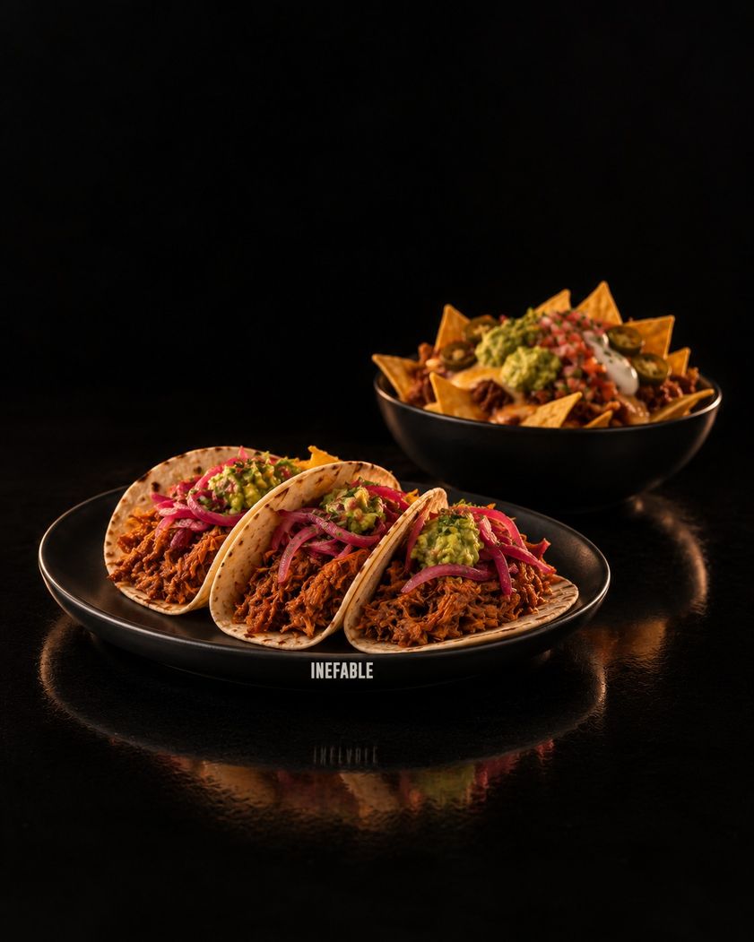 Tacos de cochinita pibil en plato INEFABLE y nachos
