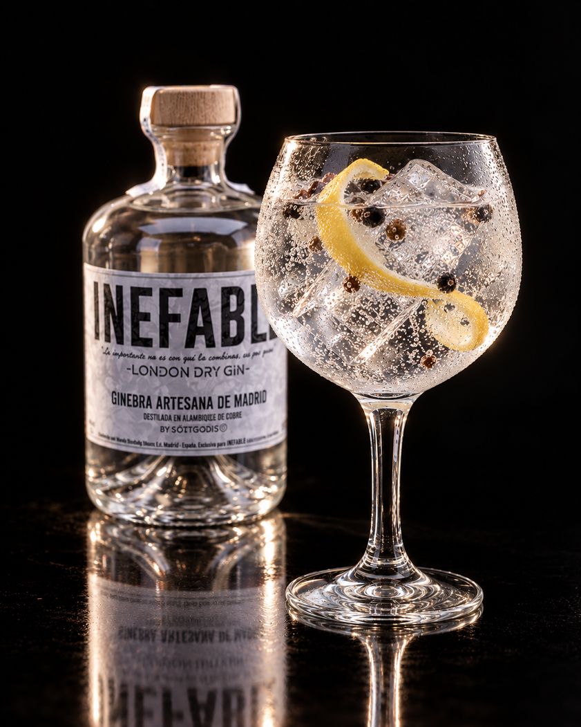 Gin-tonic junto a la botella de ginebra INEFABLE London Dry