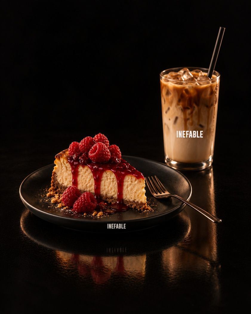 Tarta de queso con frambuesas en plato INEFABLE y café helado en vaso INEFABLE