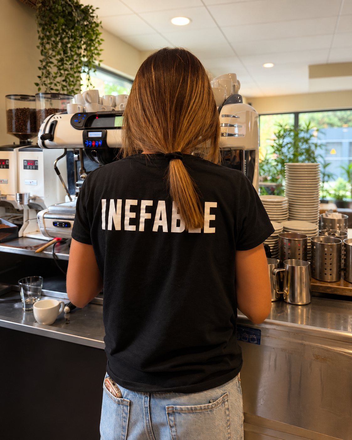 Barista de INEFABLE de espaldas, con la camiseta del equipo, preparando cafés en la barra